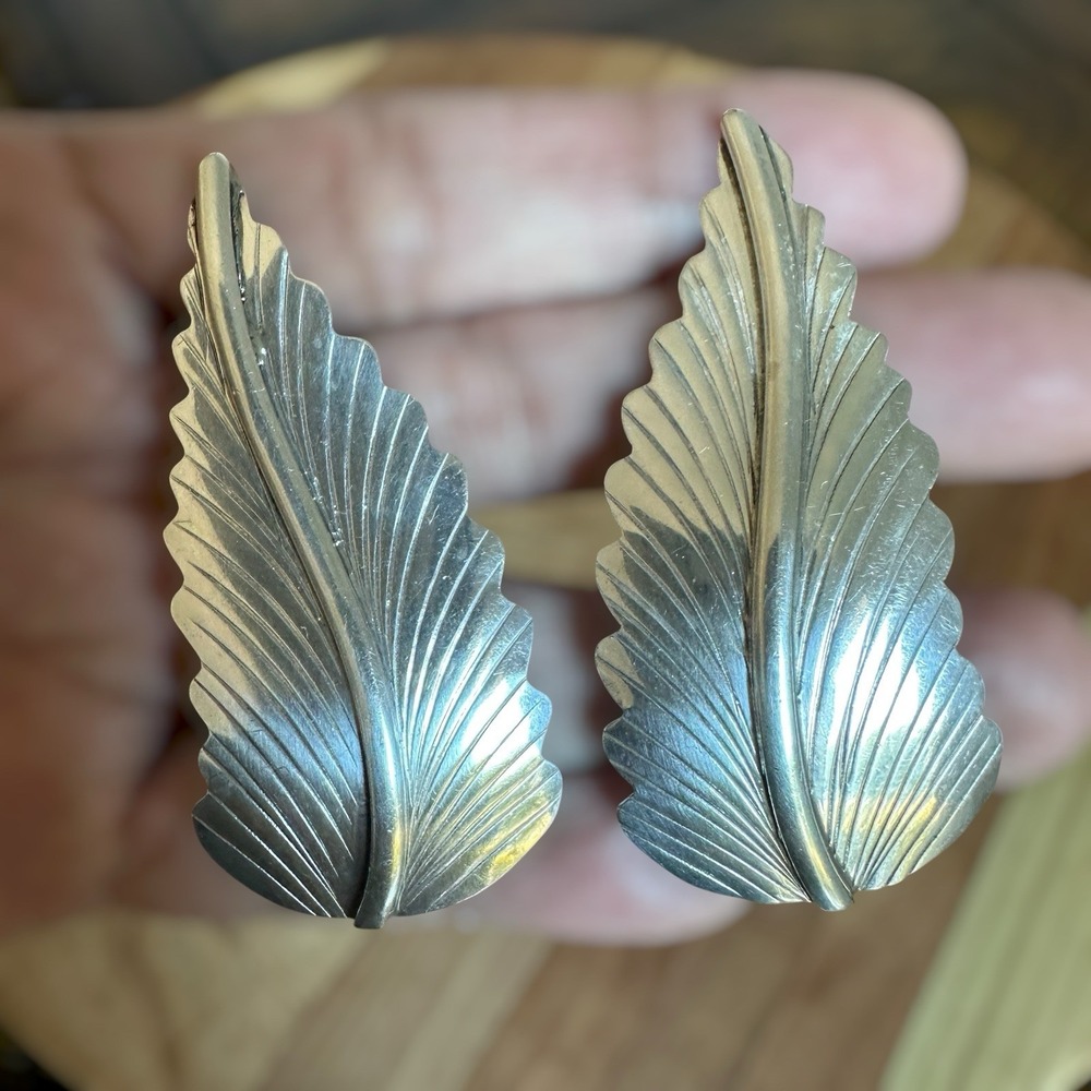 Vintage Old Pawn Navajo Stud Earrings 2.4 Inch Feather Leaf 925 Sterling 15.3g